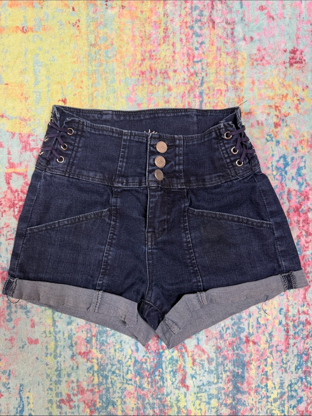 💕 stretch Almost Famous Dark Blue High-Rise Lace-Up Denim Shorts